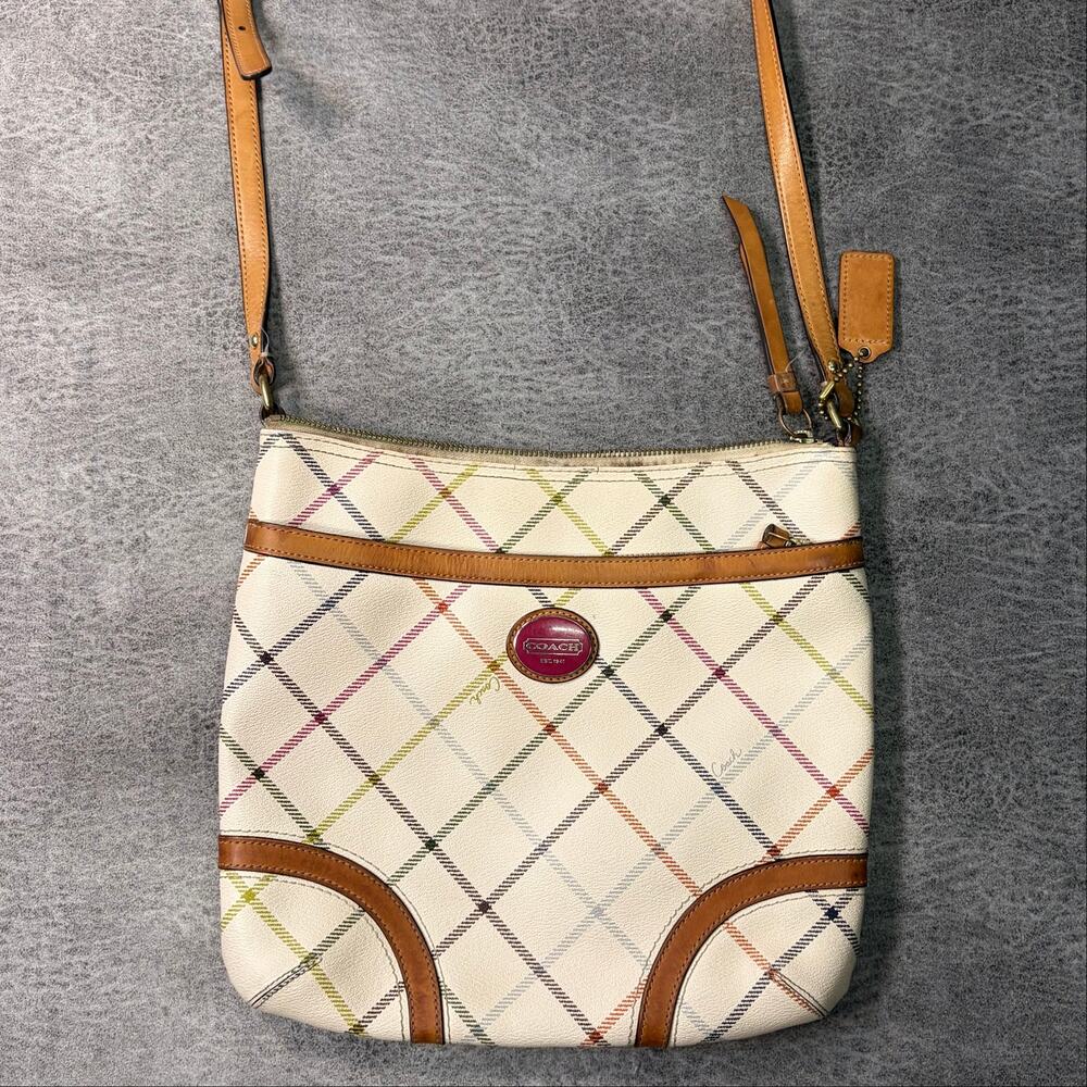 Coach Peyton Tattersall Ivory Leather Plaid Crossbody Bag
